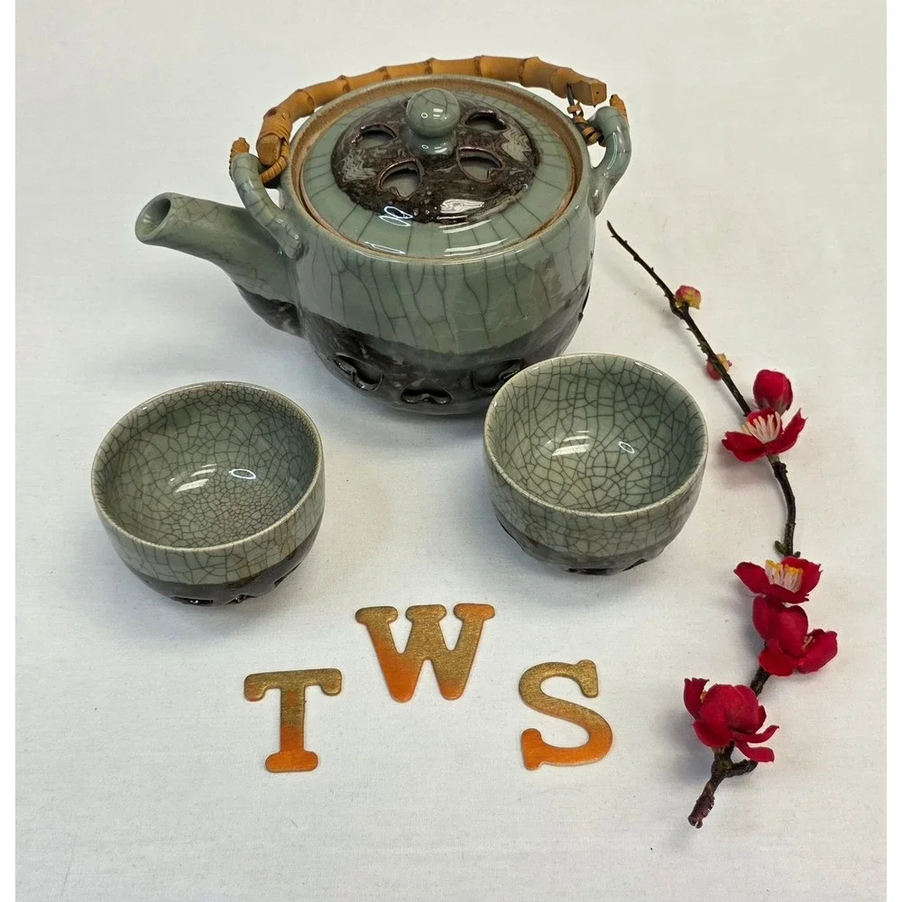 Japanese Crackle Glaze Celadon Tea Set Bamboo Handle Teapot and 2 Cups Heart Cut